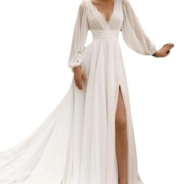 Vestido de novia europeo y americano de talle alto y talla grande con escote en V profundo, manga larga, espalda descubierta y abertura alta