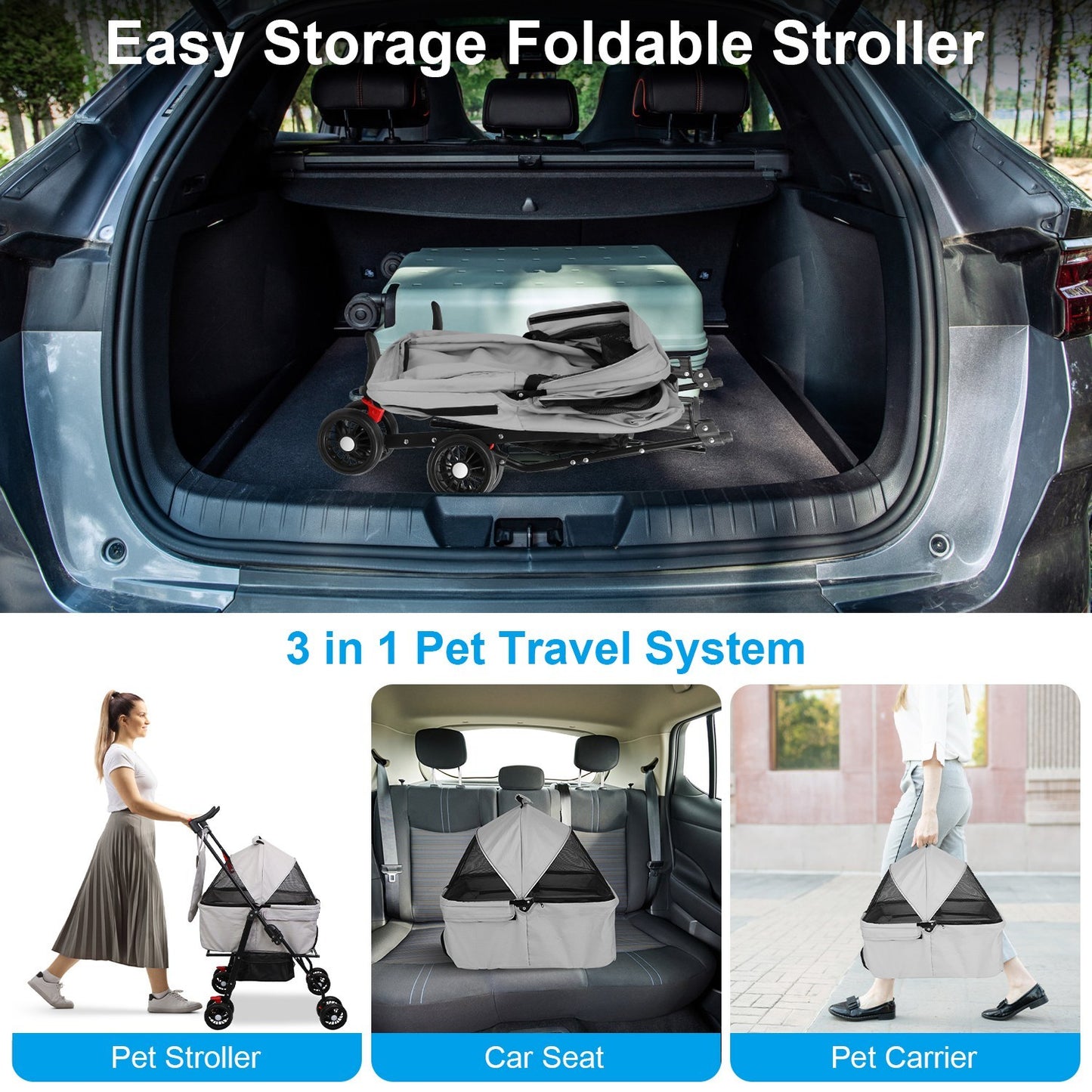 1Pc 4-Wheels Pet Stroller Foldable Carrier Strolling Cart Travel Jogger Pet Stroller With Removable Liner Storage Basket For Dog Cat