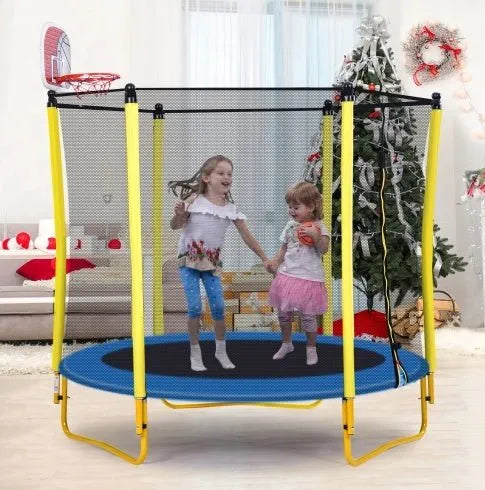 5.5FT Trampoline For Kids -65 Outdoor & Indoor Mini Toddler Trampoline With Enclosure, Basketball Hoop And Ball Included - Enfance-Heureuse