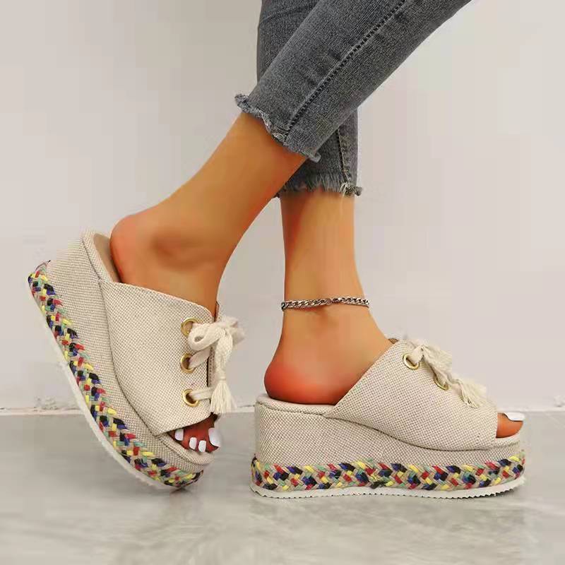 Fish Mouth Linen Platform Beach Sandals