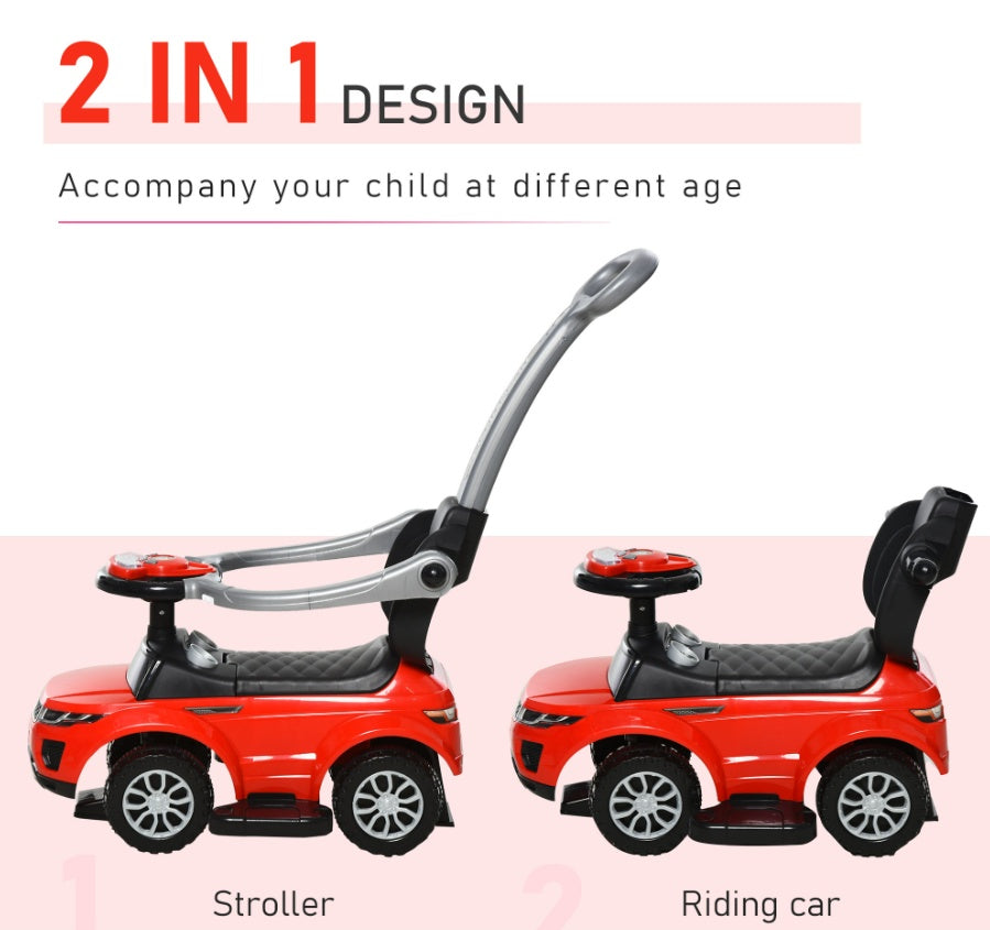 Kids 3 In 1 Push Car Ride-On Stroller Sliding Walking Toy With Horn Music Light Secure Bar For Boys Girls 1-3 Years Old Red