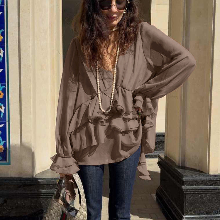 Chiffon V-neck Long Sleeve Shirt