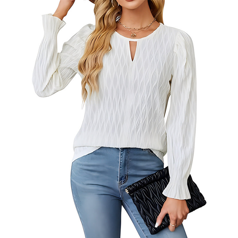 Top de manga larga con cuello redondo de jacquard para mujer