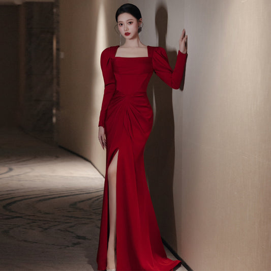 Bride Fishtail Square Collar Long Sleeve Design Simple Satin Evening Dress - Enfance-Heureuse