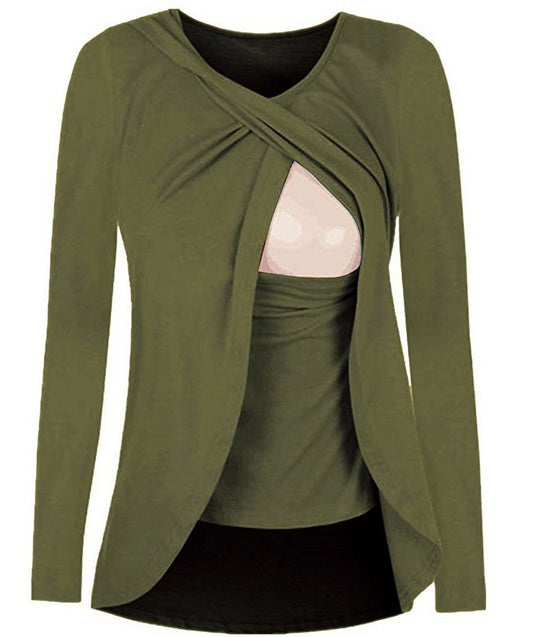 Europe maternity cotton round neck can uncover feeding pregnant women leisure all-match solid color shirt blouse 8962 - Enfance-Heureuse