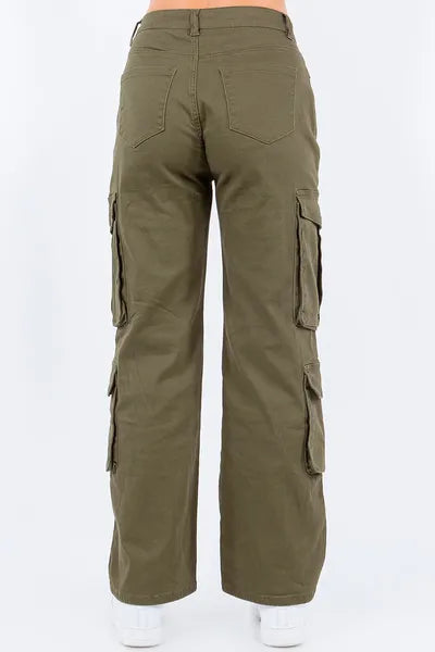 American Bazi Full Size Button Waist High Rise Cargo Pants Plus Size - Enfance-Heureuse