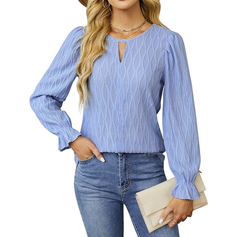Top de manga larga con cuello redondo de jacquard para mujer