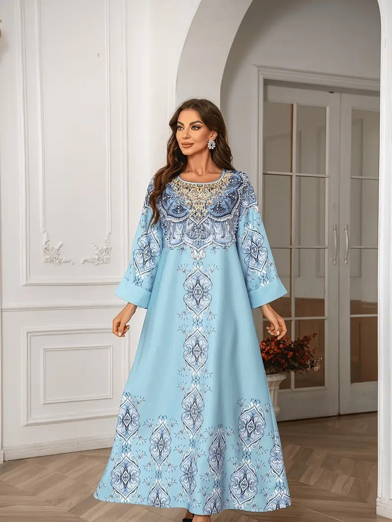 Vestido Abaya extra largo de manga larga con detalle de encaje estampado