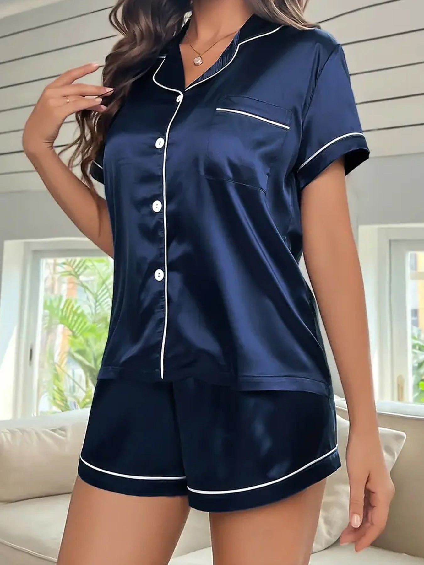 Silk-like Comfortable Breathable Cardigan Pajamas Short-sleeved Shorts Home Wear Suit