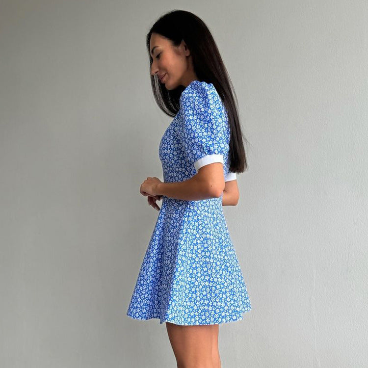 Lapel High-waist Blue Floral Dress