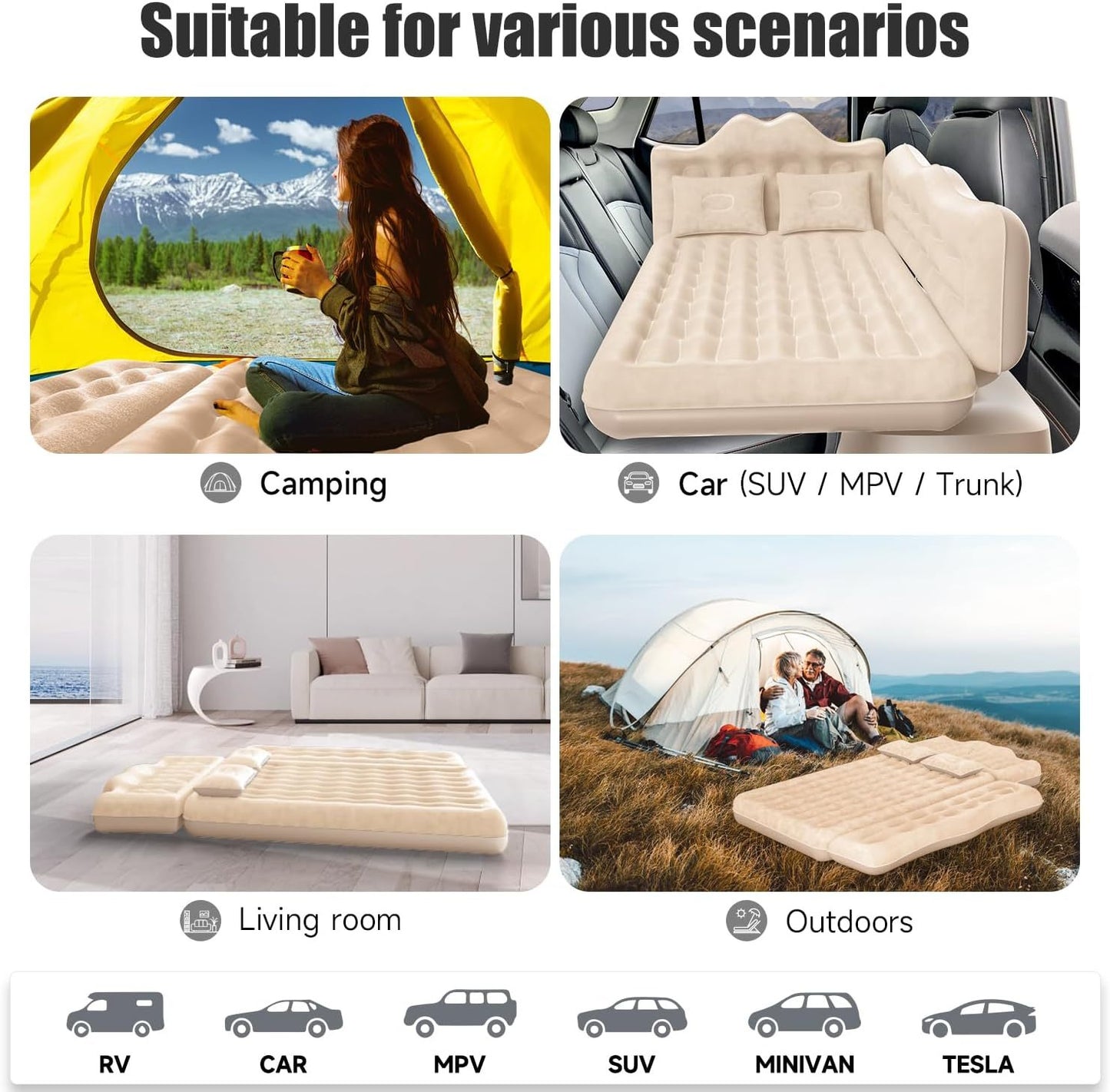 Car Air Mattress, Inflatable SUV Truck Air Mattress Back Seat Camping Bed Thickened Car Sleeping Pad For Travel, Car Bed SUV Mattress With 2 Pillows