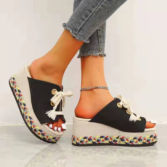 Fish Mouth Linen Platform Beach Sandals