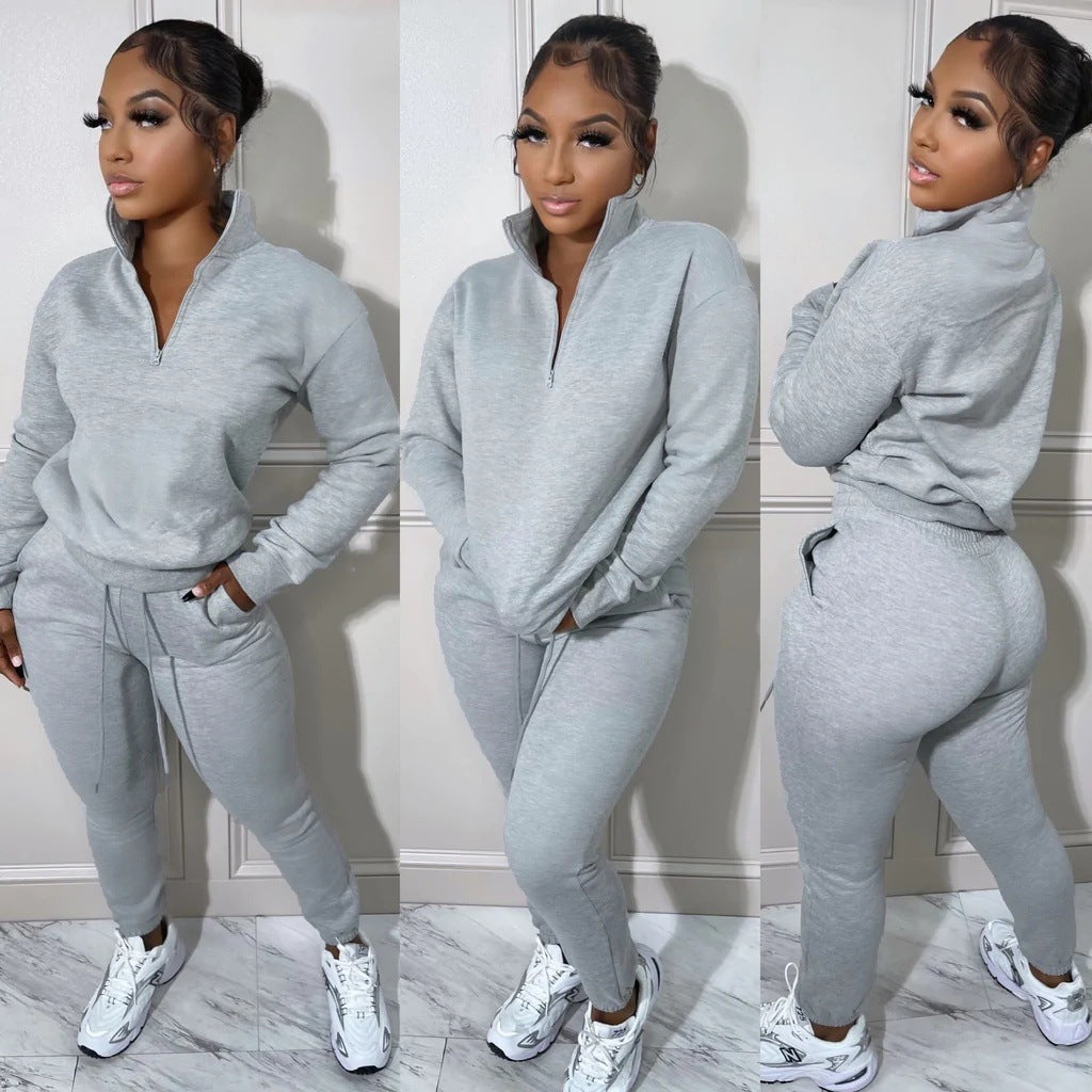 European And American Women's Fashion Sports Zipper Plush Suit