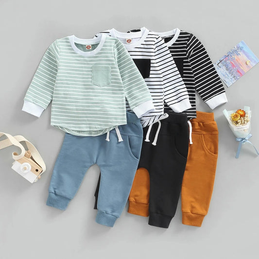 Ensemble de t-shirts à manches longues rayées col rond pour enfants - Enfance-Heureuse