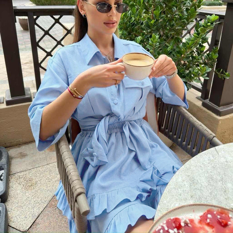 Ruffled Tiered Skirt Lapel Short-sleeved Shirt Two-piece Set