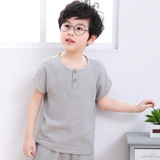 Boy short-sleeved cotton and linen T-shirt - Enfance-Heureuse