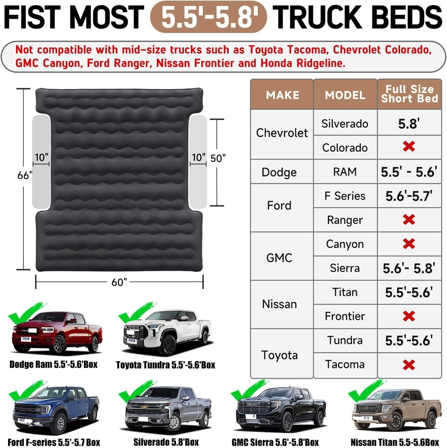 Truck Bed Air Mattress For 5.5-5.8ft Short Beds, Easily Inflates And Deflates With Built-In Rechargeable Air Pump Camping Bed Outdoor Mattress