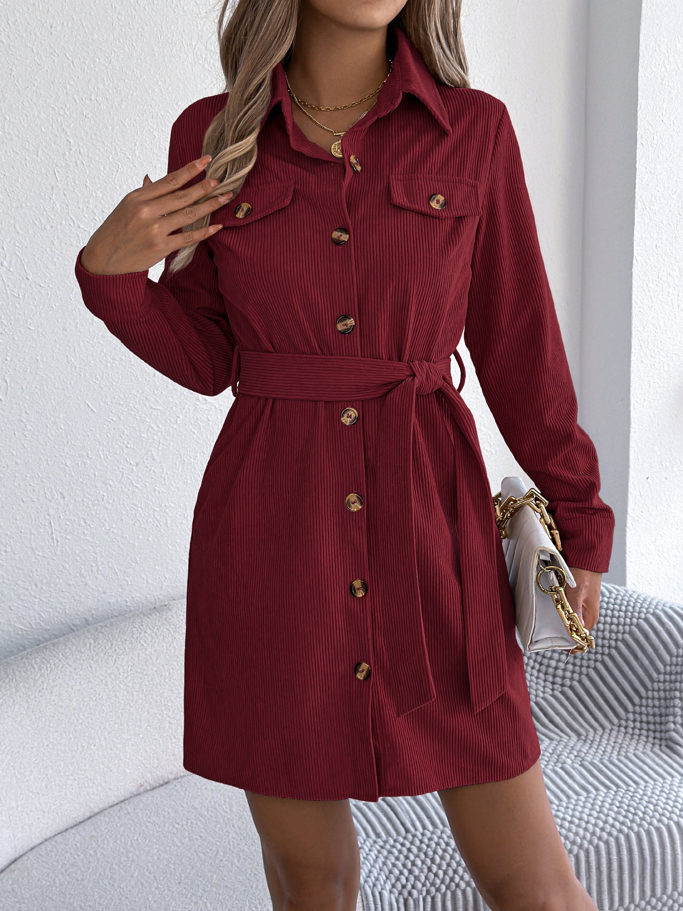 Casual Solid Color Single-breasted Long Sleeve Lace-up Corduroy Shirt Dress