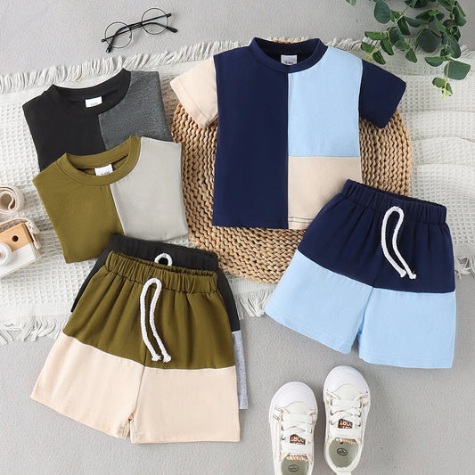 Spring And Summer Boys' Multicolor Stitching Round Neck Short-sleeved - Enfance-Heureuse