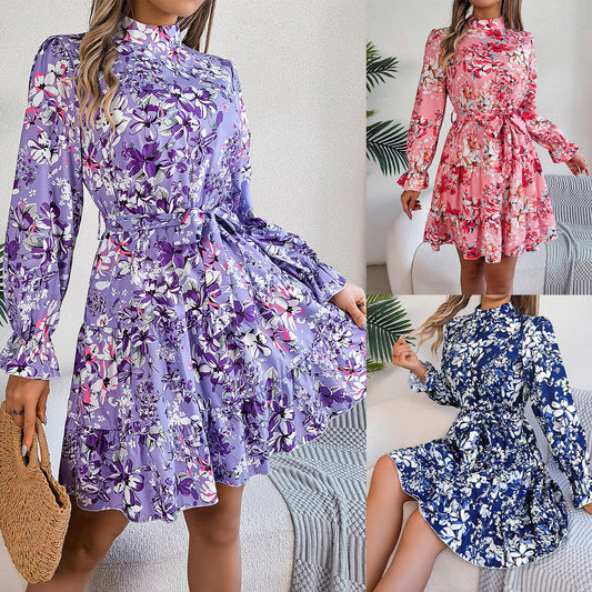 Standing Collar Floral Print Waist-controlled Long Sleeves Ruffled A-line Dresses For Women Spring Autumn Ruffle Edge Long Dress - Enfance-Heureuse