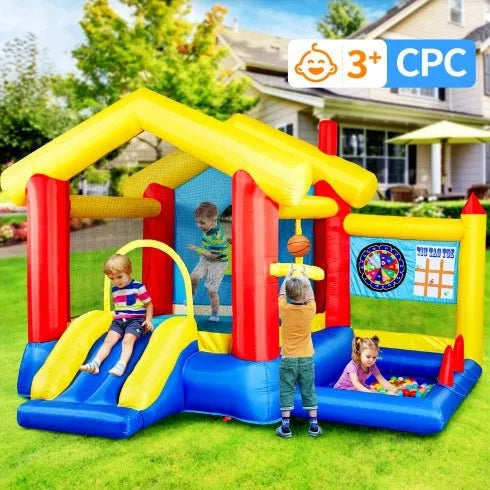 8 In 1 Inflatable Bounce House With Blower Basketball Hoop Ocean Balls Ring-toss Game Target And Sticky Ball Game For Kids - Enfance-Heureuse