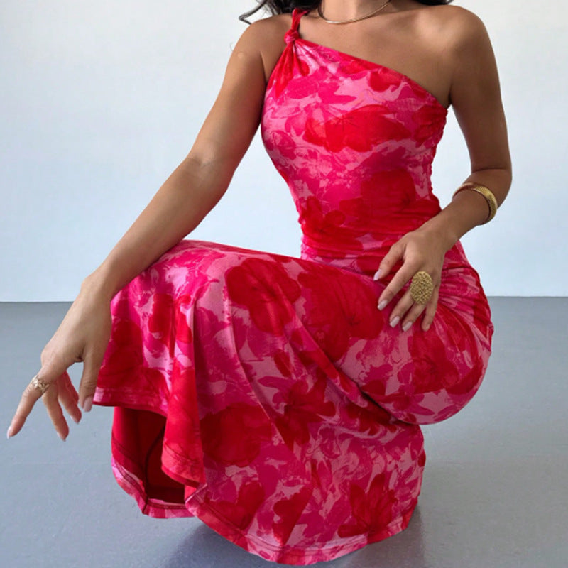 European And American Style Irregular Pattern Print Shoulder Belt Sling Dress Women