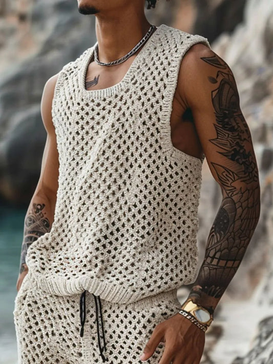 Men's Plus Size Hollow Out Round Neck Tank and Shorts Set - Enfance-Heureuse