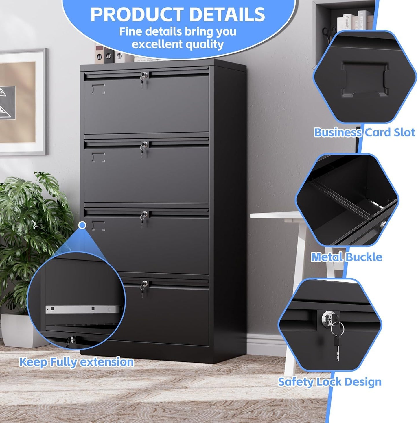 4 Drawer Lateral File Cabinet, Metal Wide Filing Cabinet With Independent Locks, Home Office Furniture For Hanging Files Letter Legal F4 A4 Size, Assembly Required, Black