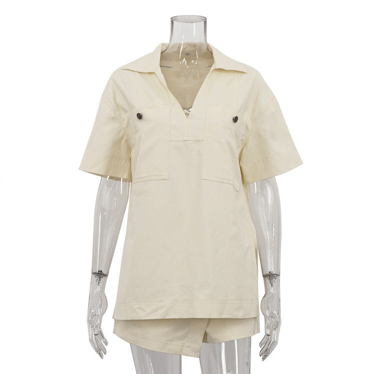 Lapel Short Sleeve Pocket Pullover Top High-waisted Trousers Skirt Two-piece Set