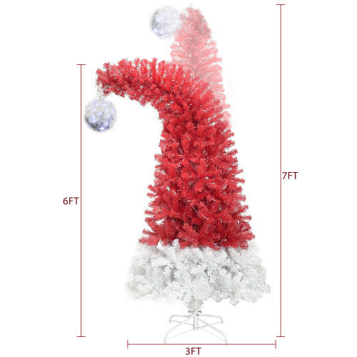 6FT Hinged Fir Artificial Fir Bent Top Christmas Tree, Xmas Tree Bendable Santa Hat Style Christmas Tree Holiday Decoration,1250 Branch Tips, 300 LED Lights X-mas