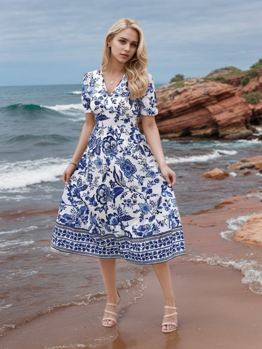 2025 New Women's Floral Print V-neck Dress, Floral Dress, Suitable For Vacation, Women's Dress