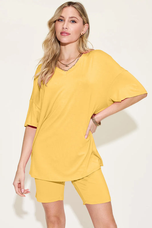 Basic Bae Bamboo Full Size V-Neck Drop Shoulder T-Shirt and Shorts Set - Enfance-Heureuse
