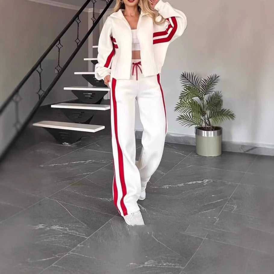 Autumn Striped Zipper Top Casual Sports Suit