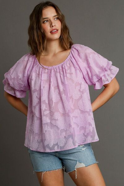 Umgee Full Size Jacquard Round Neck Ruffled Puff Sleeve Blouse Plus Size