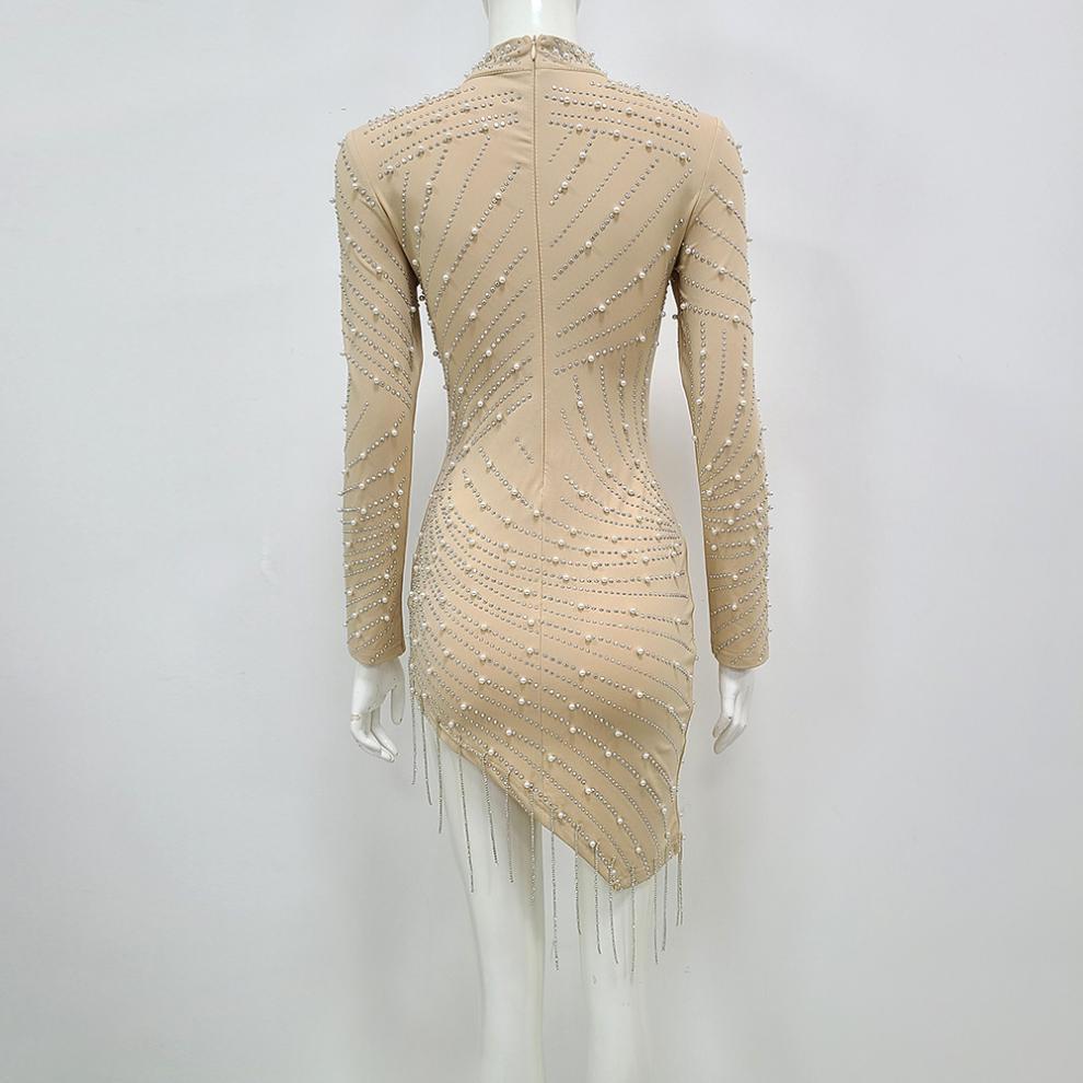 Heavy Industry Pearl Rhinestone Stretch Side Seam Tassel Short Dress - Enfance-Heureuse