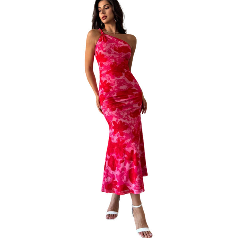 European And American Style Irregular Pattern Print Shoulder Belt Sling Dress Women