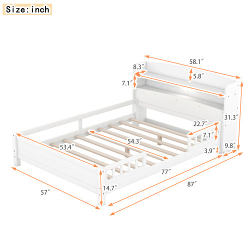 Wood Full Size Platform Bed With Built-in LED Light, Storage Headboard And Guardrail, White