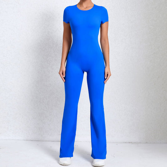 Bare Back Short Sleeve Nude Feel Yoga Outer Wear Fitness Sports Jumpsuit - Enfance-Heureuse