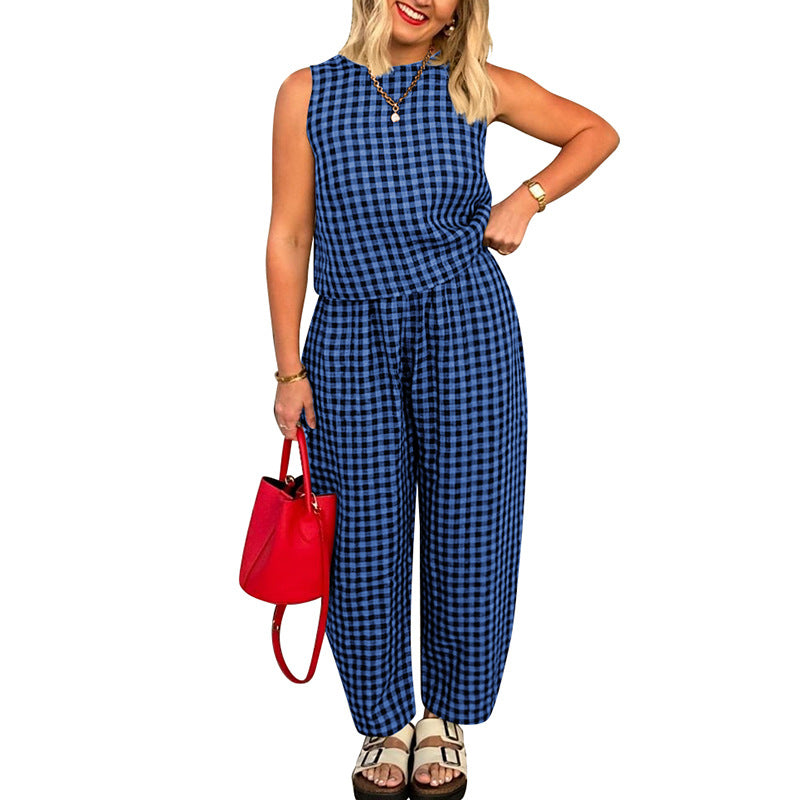 Printed Plaid Loose Casual Sleeveless Vest Pants Suit