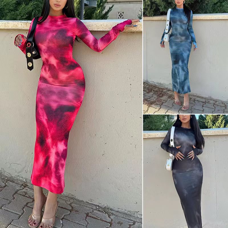 New Tie-dyed Long Sleeve Slim Fit Hot Girl Dress Women - Enfance-Heureuse