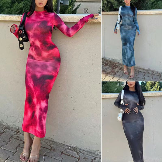 New Tie-dyed Long Sleeve Slim Fit Hot Girl Dress Women - Enfance-Heureuse