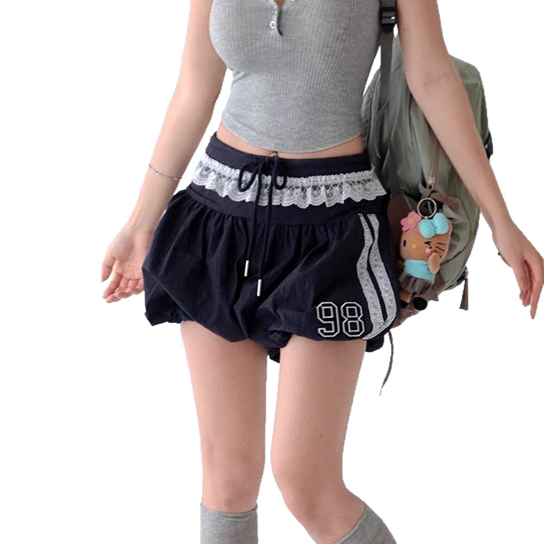 Lace Edge Elastic Waistband Lace-up Loose Shorts For Women