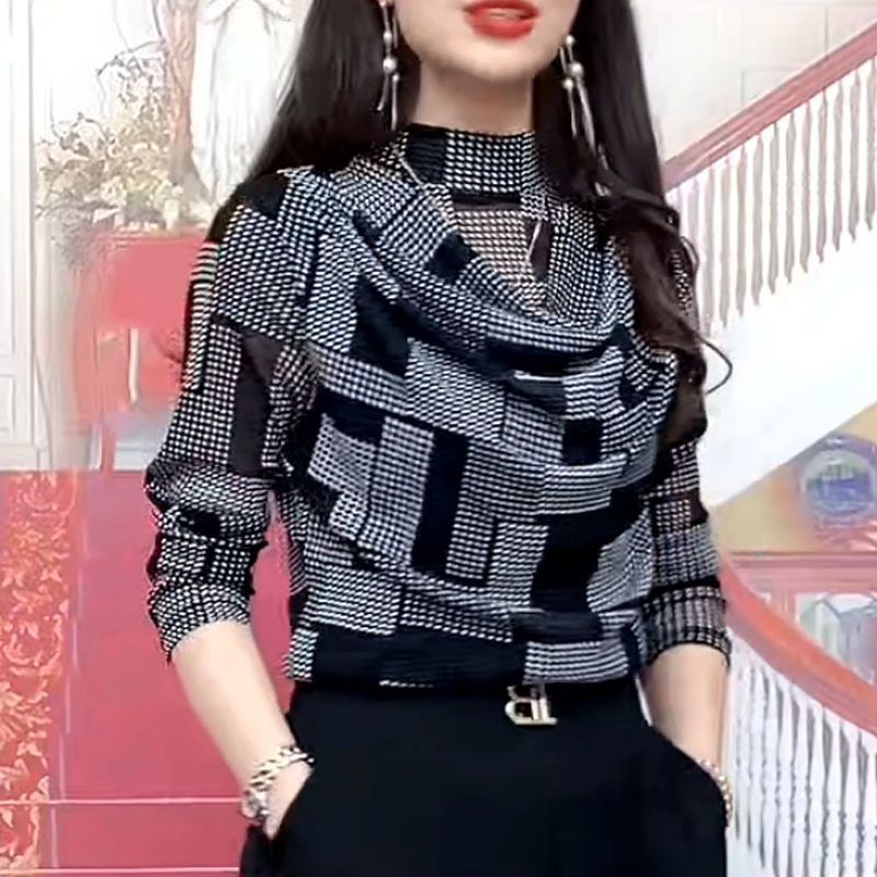 Undershirt Women's Half-high Collar Long Sleeves Shirt Fashionable Hiding Fat Stretch Shirt