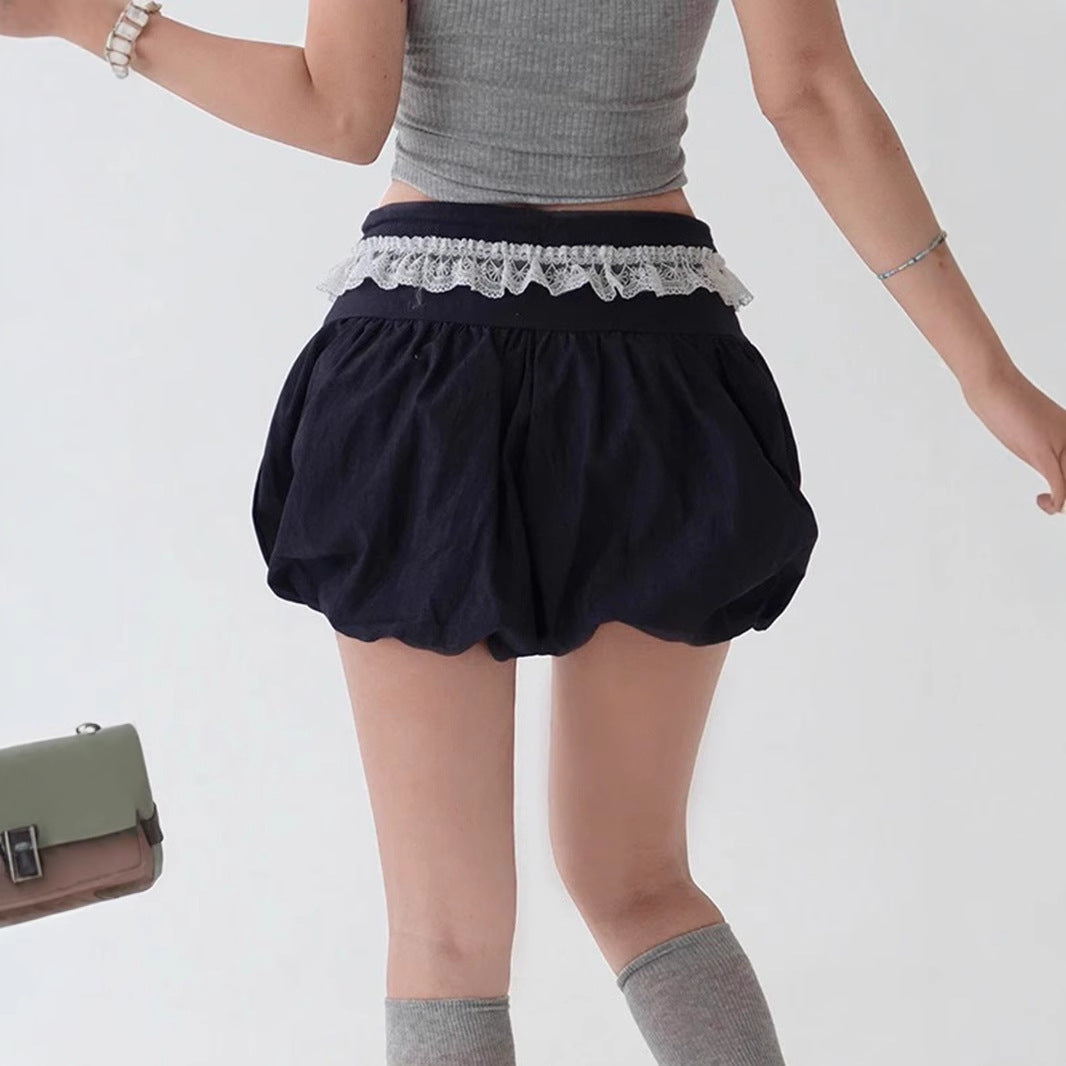 Lace Edge Elastic Waistband Lace-up Loose Shorts For Women