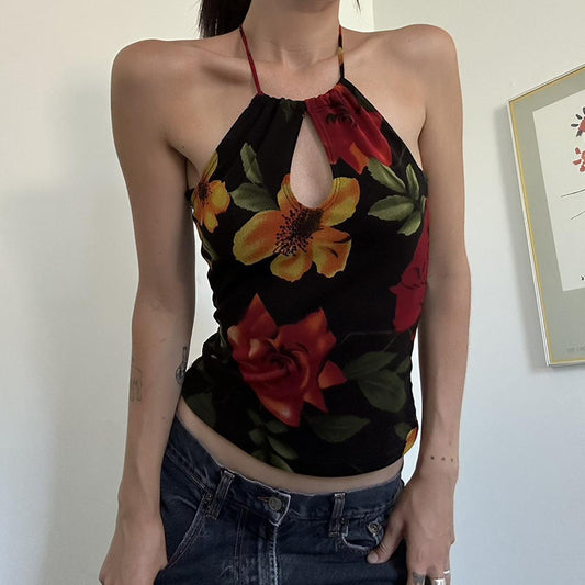 Personalized Stylish Print Slim Fit Halter Spaghetti Straps Vest Backless Hollow-out Top - Enfance-Heureuse