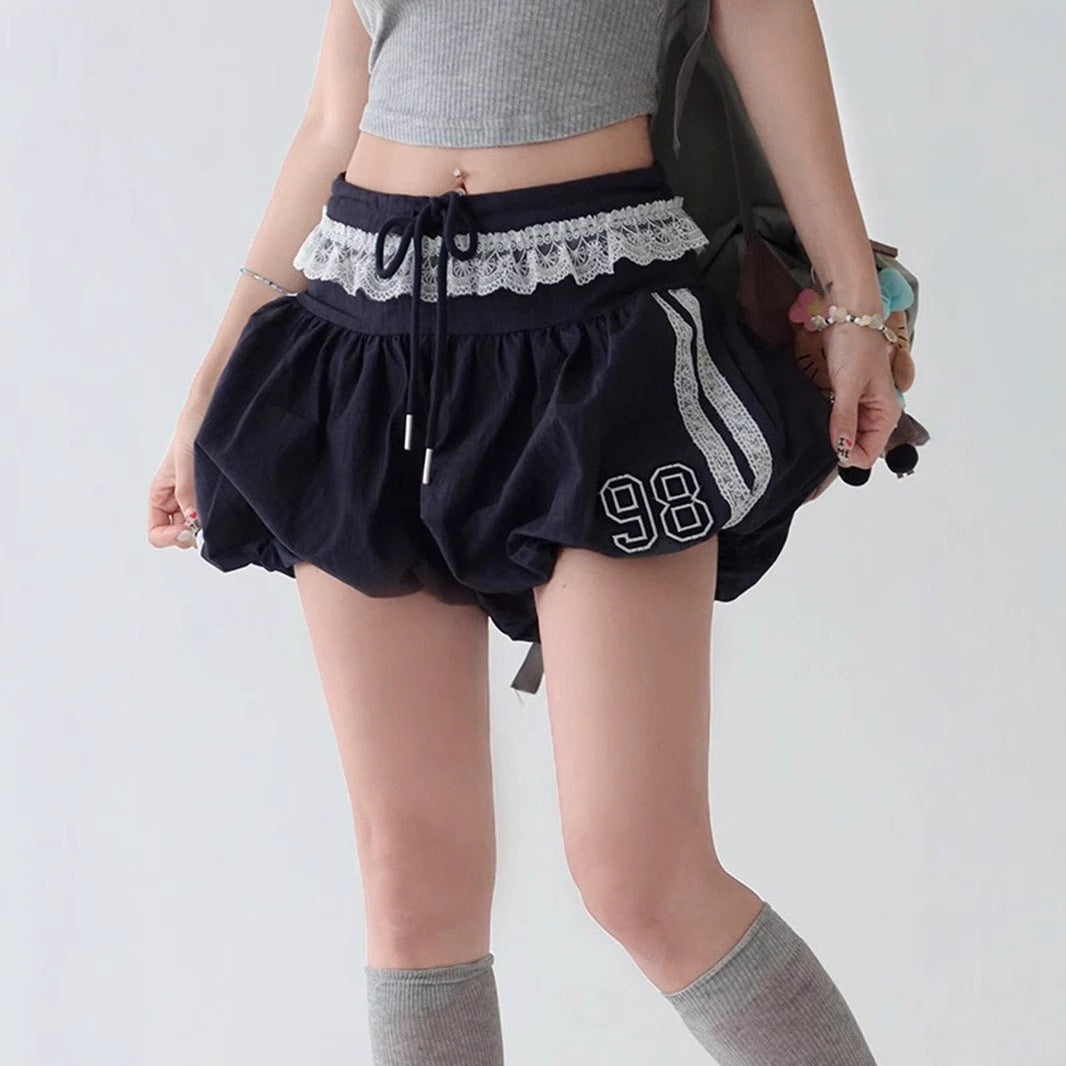Lace Edge Elastic Waistband Lace-up Loose Shorts For Women