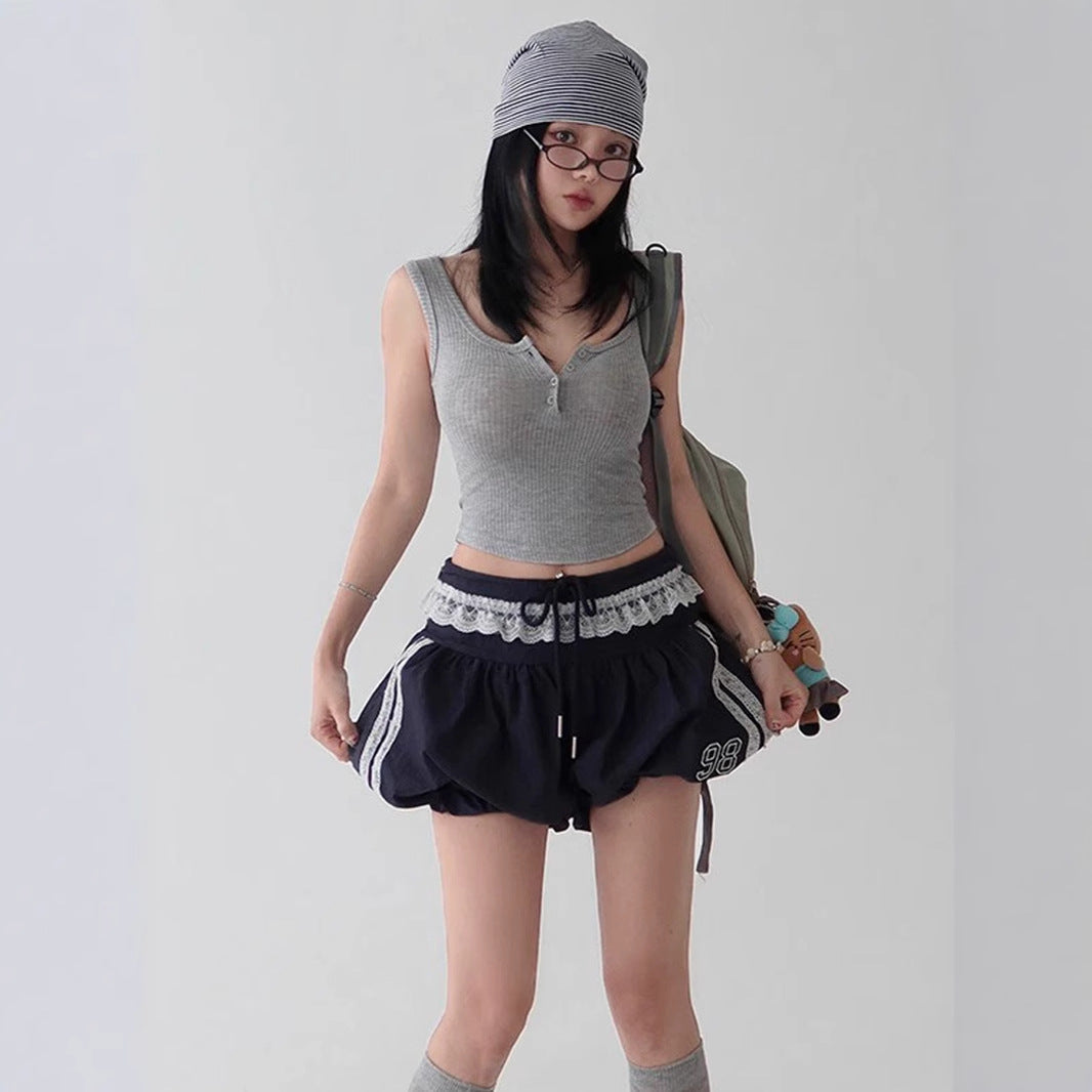 Lace Edge Elastic Waistband Lace-up Loose Shorts For Women