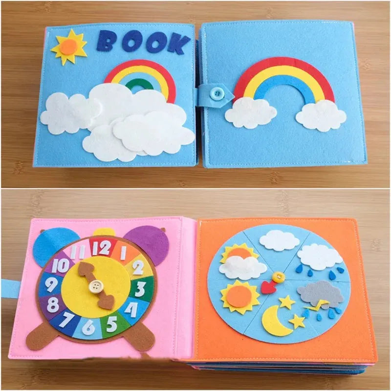 Tablero de trabajo Montessori para niños, libro de tela de arcoíris DIY, juguetes educativos, conocimiento de hábitos, desarrollo de habilidades básicas de cuidado personal