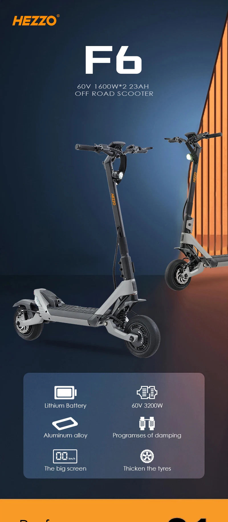 HEZZO F6 Electric Scooter 60V 1600W Dual Motors 10inch Off-road Folding Escooter 23AH Lithium Battery Long Range Full Suspension