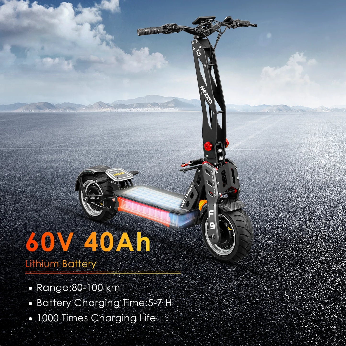 HEZZO F9 Foldable Electric Scooter for Adults 60v 8000w Dual Motors Powerful 60MPH EScooter Fat Tire 40Ah NFC Off Road Scooter